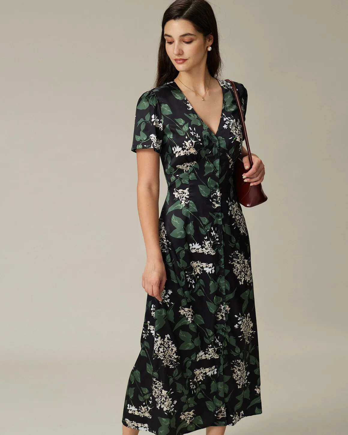 Black V Neck Floral Midi Dress