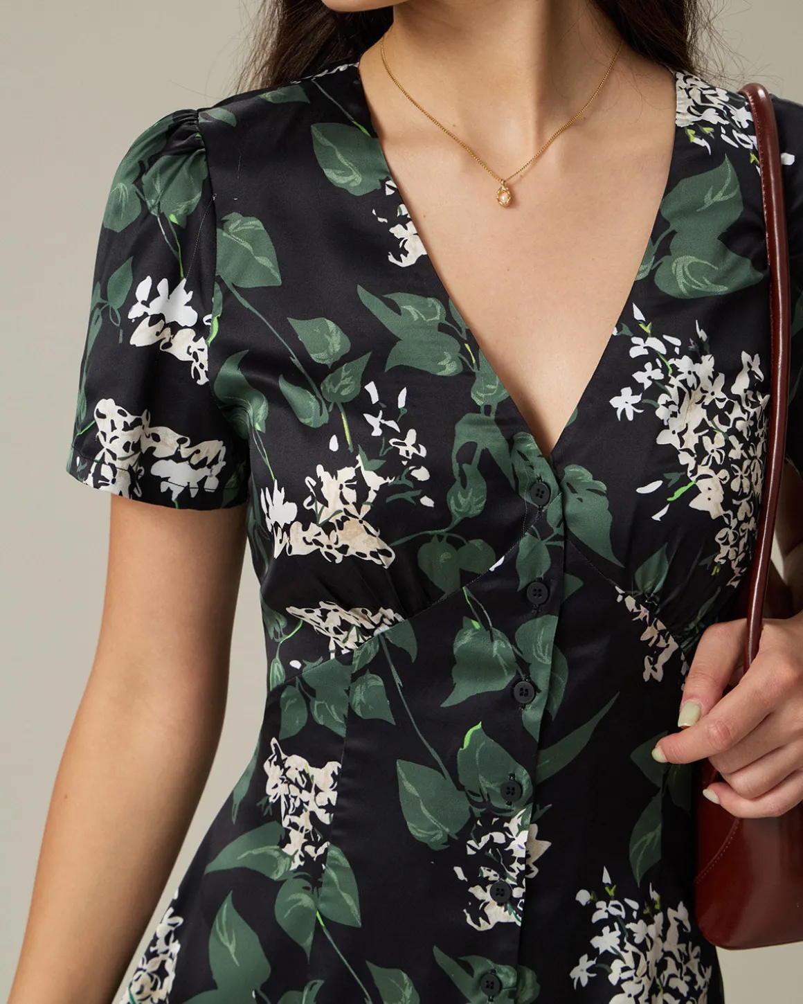 Black V Neck Floral Midi Dress