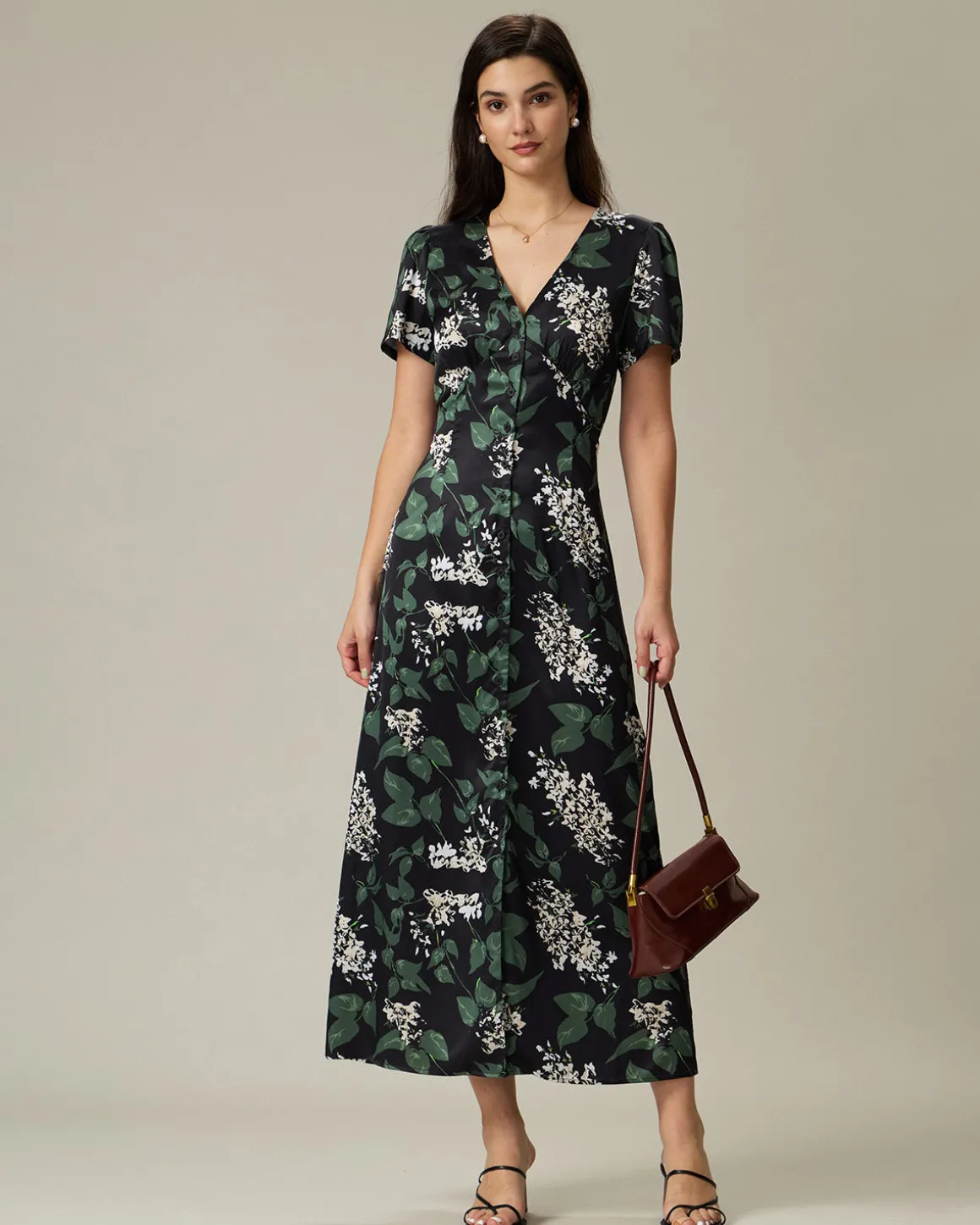 Black V Neck Floral Midi Dress