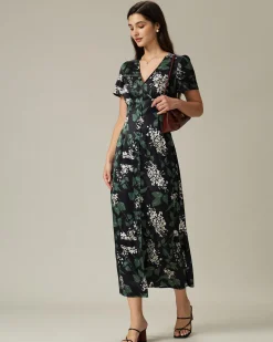 Black V Neck Floral Midi Dress