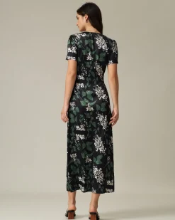 Black V Neck Floral Midi Dress