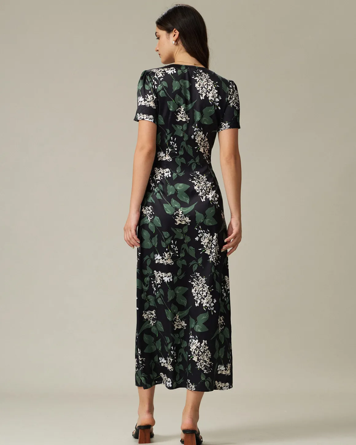 Black V Neck Floral Midi Dress