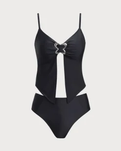 Black V Neck O-Ring Tankini Swimsuit