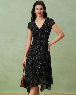 Black V Neck Polka Dot Midi Dress