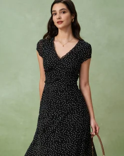 Black V Neck Polka Dot Midi Dress