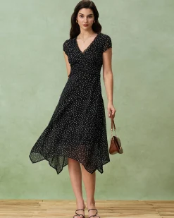 Black V Neck Polka Dot Midi Dress