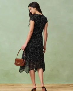Black V Neck Polka Dot Midi Dress