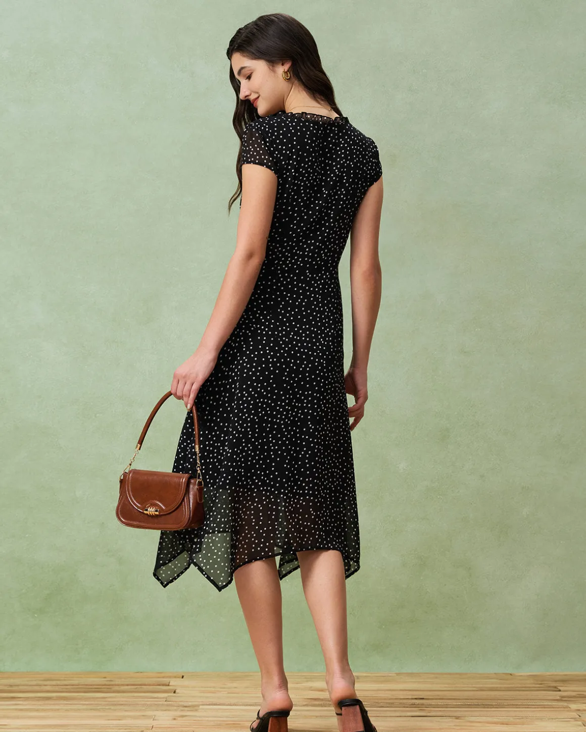 Black V Neck Polka Dot Midi Dress