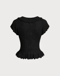 Black V Neck Ruffle Cardigan