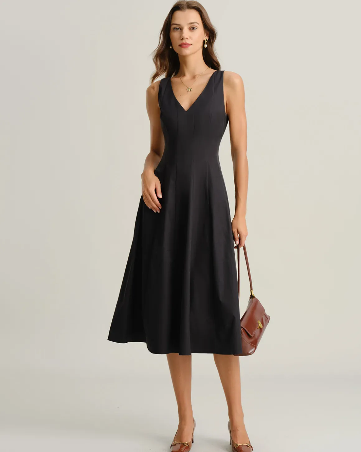 Black V Neck Sleeveless Midi Dress