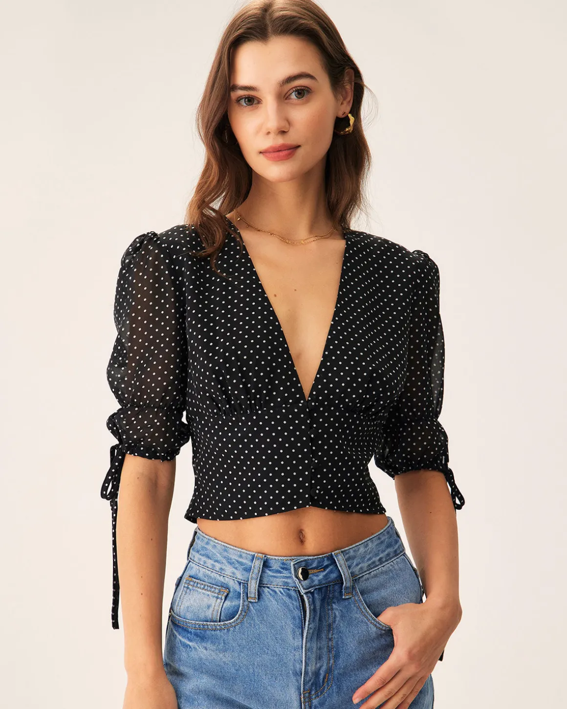 Black V-Neck Polka Dot Blouse