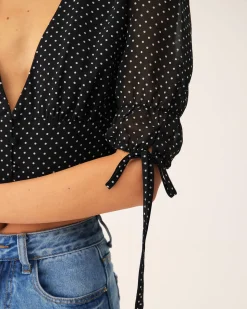 Black V-Neck Polka Dot Blouse
