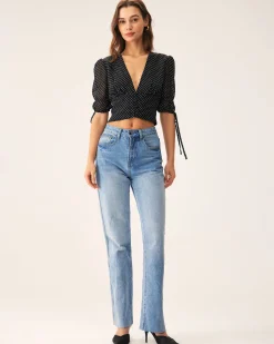 Black V-Neck Polka Dot Blouse