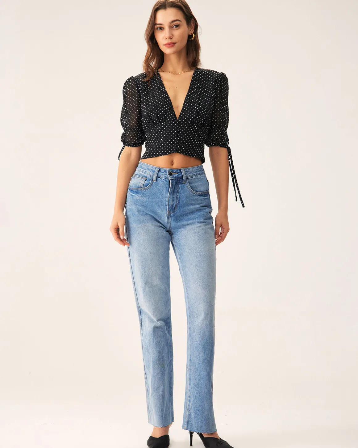 Black V-Neck Polka Dot Blouse