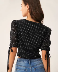 Black V-Neck Polka Dot Blouse