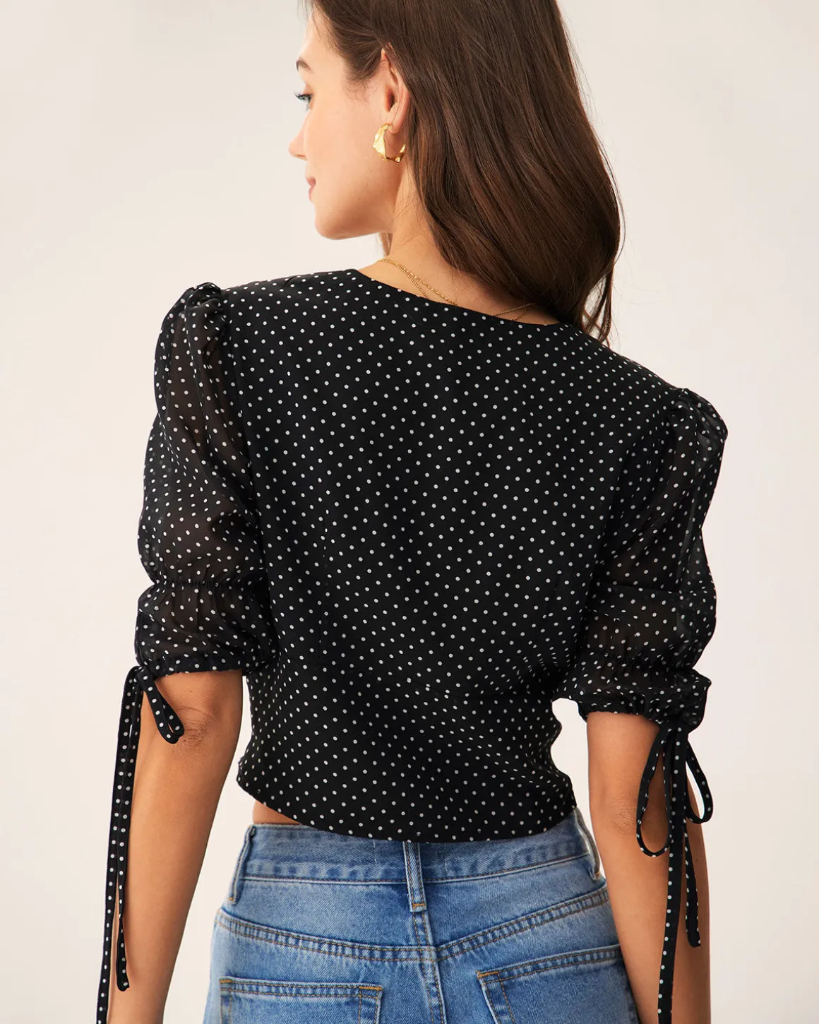 Black V-Neck Polka Dot Blouse