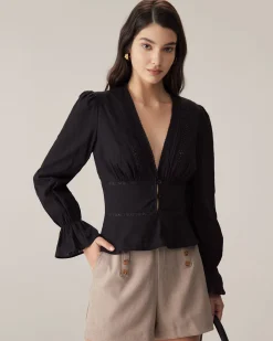 Black V-Neck Ruffle Blouse