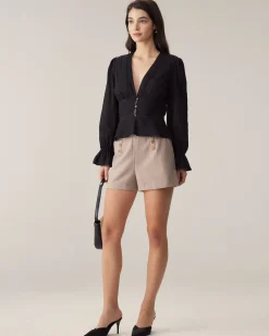 Black V-Neck Ruffle Blouse