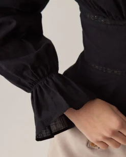 Black V-Neck Ruffle Blouse