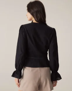 Black V-Neck Ruffle Blouse