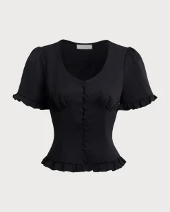 Black V-Neck Ruffle Puffed Sleeve Blouse