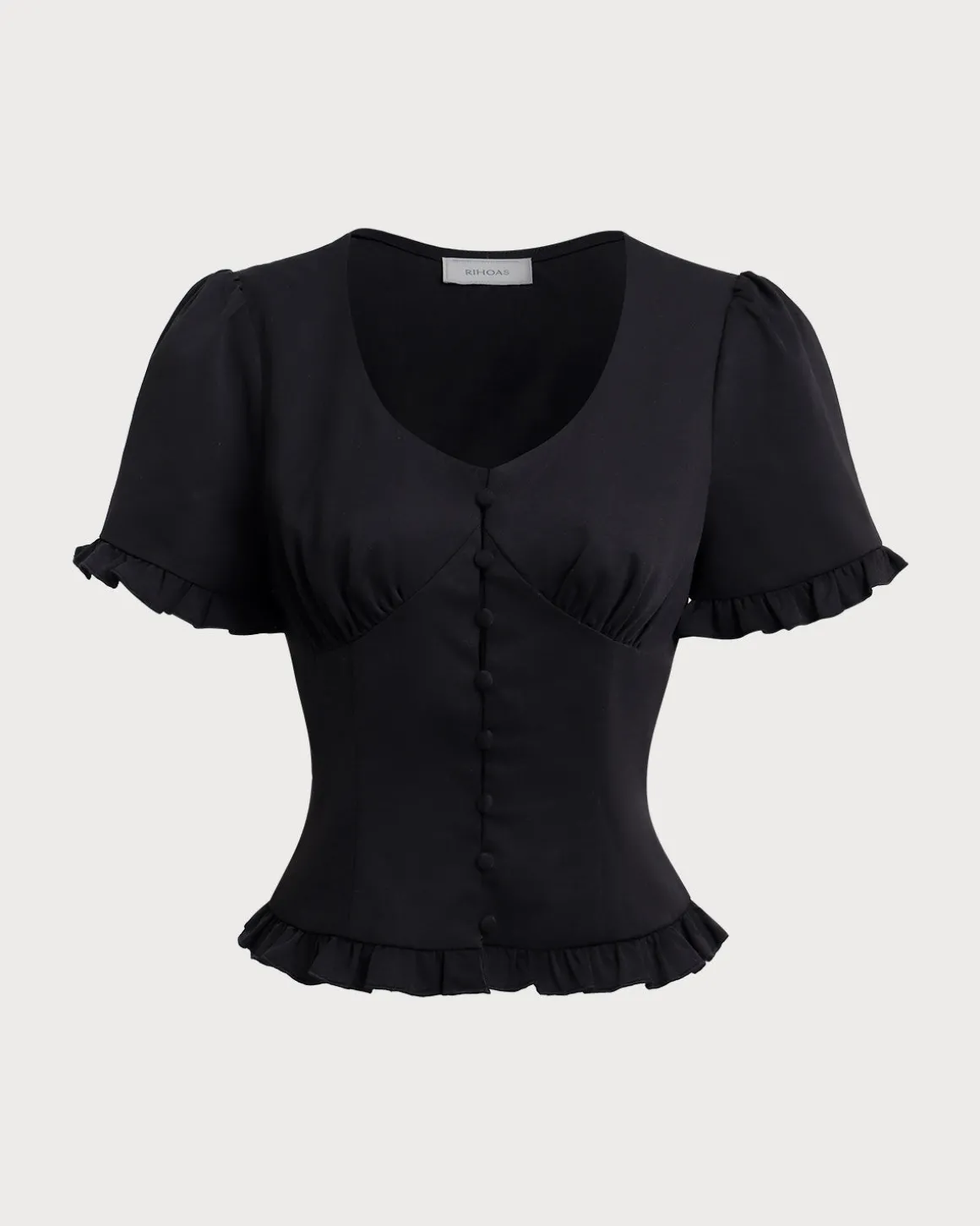 Black V-Neck Ruffle Puffed Sleeve Blouse