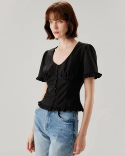 Black V-Neck Ruffle Puffed Sleeve Blouse