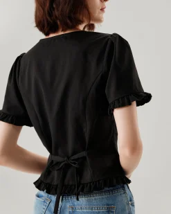 Black V-Neck Ruffle Puffed Sleeve Blouse