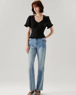 Black V-Neck Ruffle Puffed Sleeve Blouse