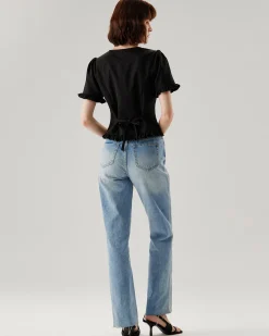Black V-Neck Ruffle Puffed Sleeve Blouse