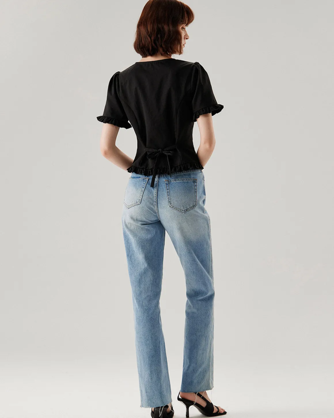 Black V-Neck Ruffle Puffed Sleeve Blouse