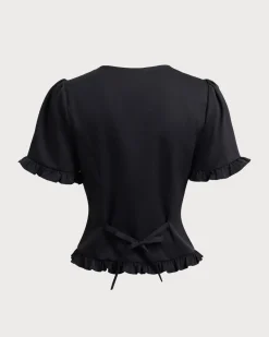 Black V-Neck Ruffle Puffed Sleeve Blouse