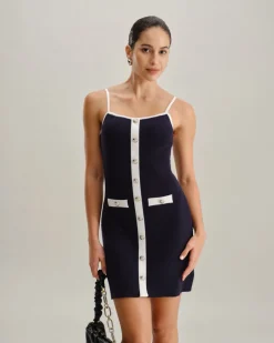 Blue Backless Sleeveless Pocket Knitted Mini Dress