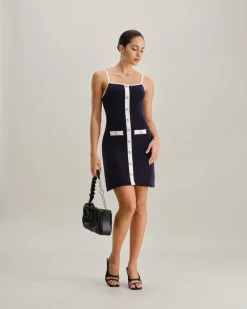Blue Backless Sleeveless Pocket Knitted Mini Dress