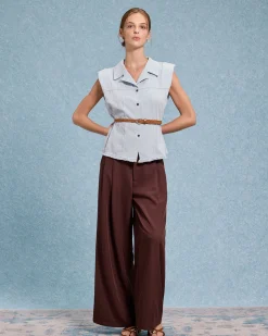 Blue Belted Sleeveless Blouse