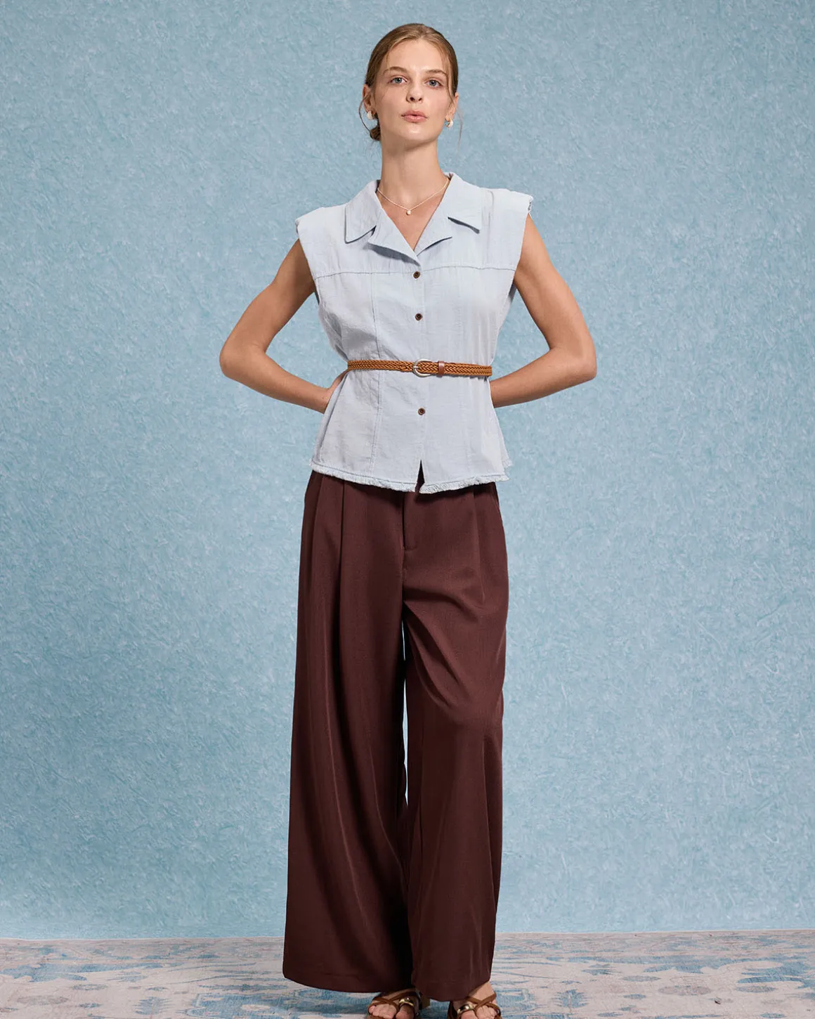 Blue Belted Sleeveless Blouse