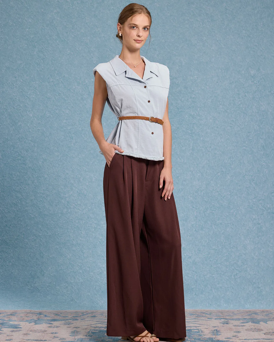 Blue Belted Sleeveless Blouse