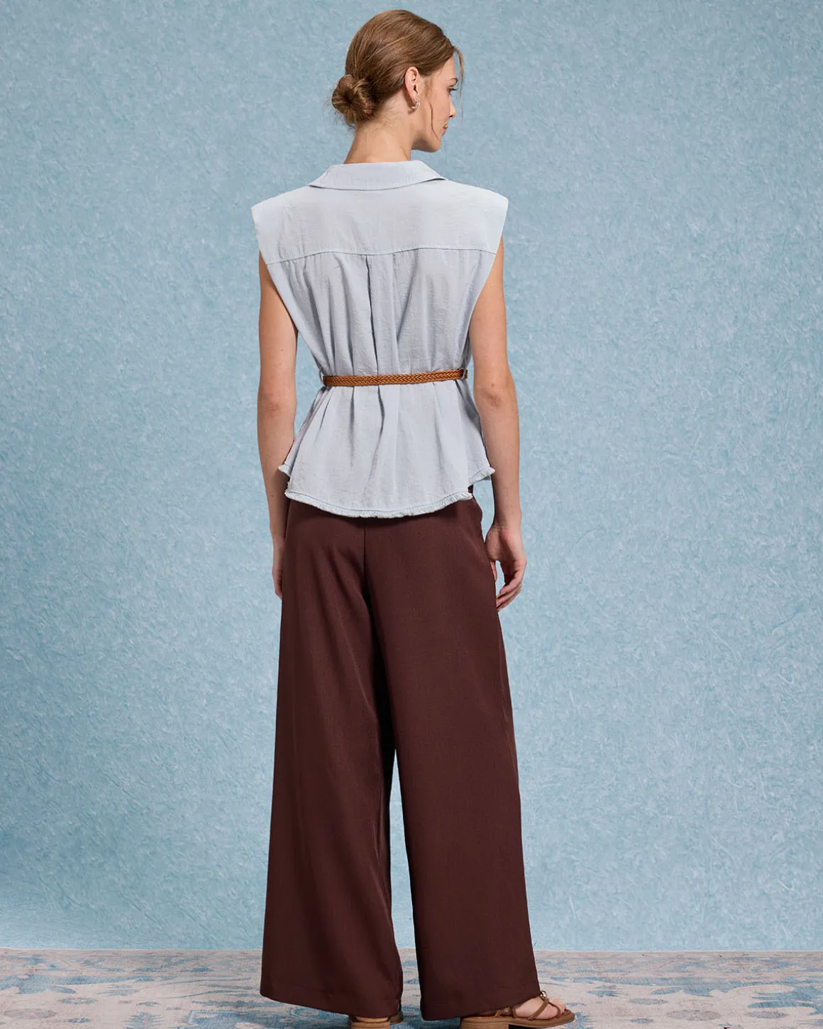 Blue Belted Sleeveless Blouse