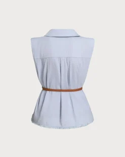 Blue Belted Sleeveless Blouse