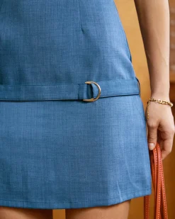 Blue Boat Neck Belted Mini Dress