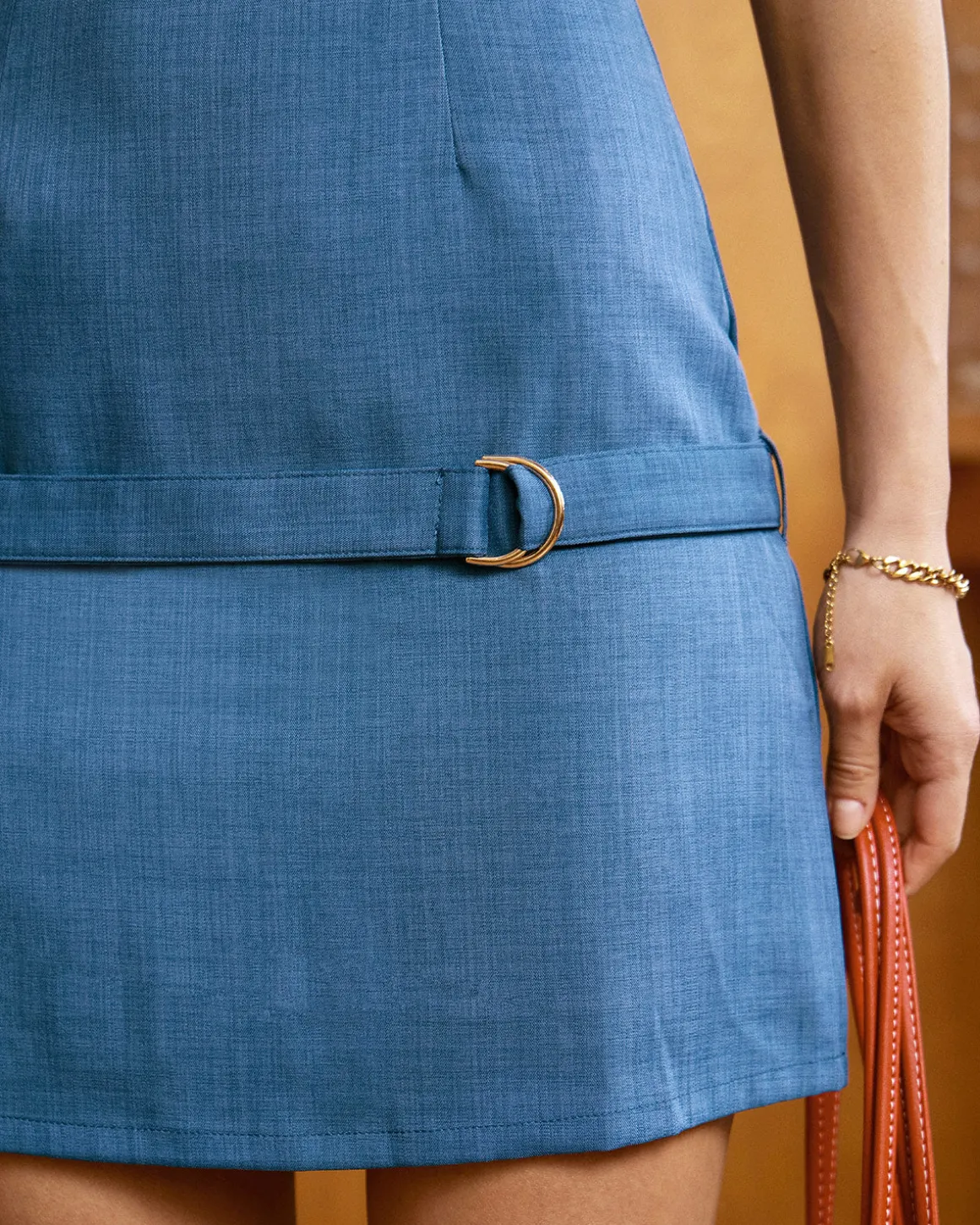Blue Boat Neck Belted Mini Dress
