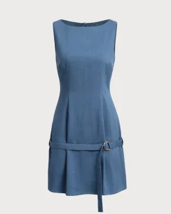 Blue Boat Neck Belted Mini Dress