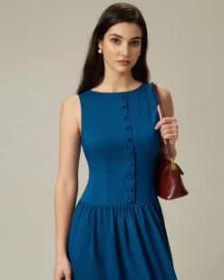 Blue Boat Neck Button Pocket Midi Dress