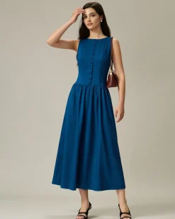Blue Boat Neck Button Pocket Midi Dress