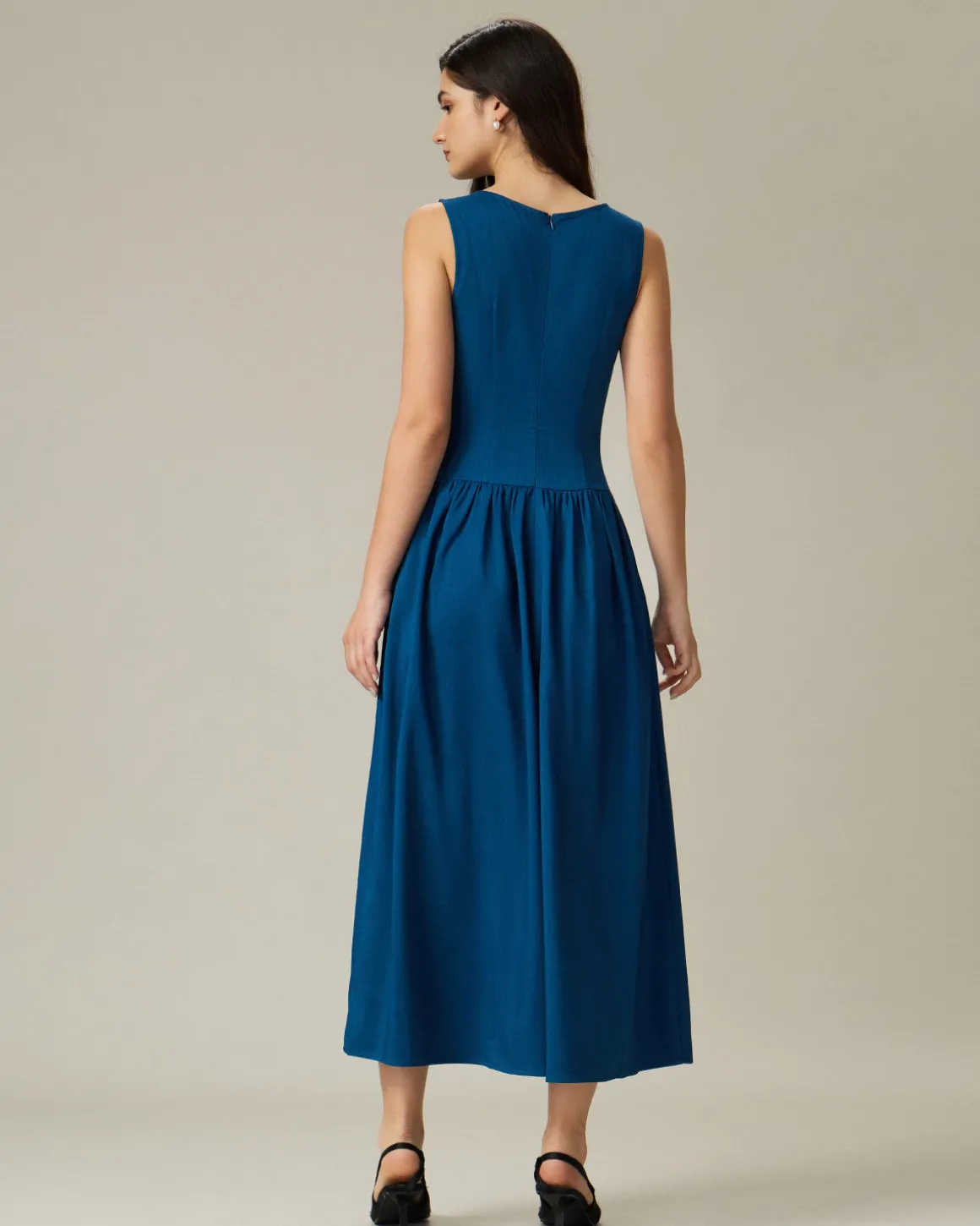 Blue Boat Neck Button Pocket Midi Dress