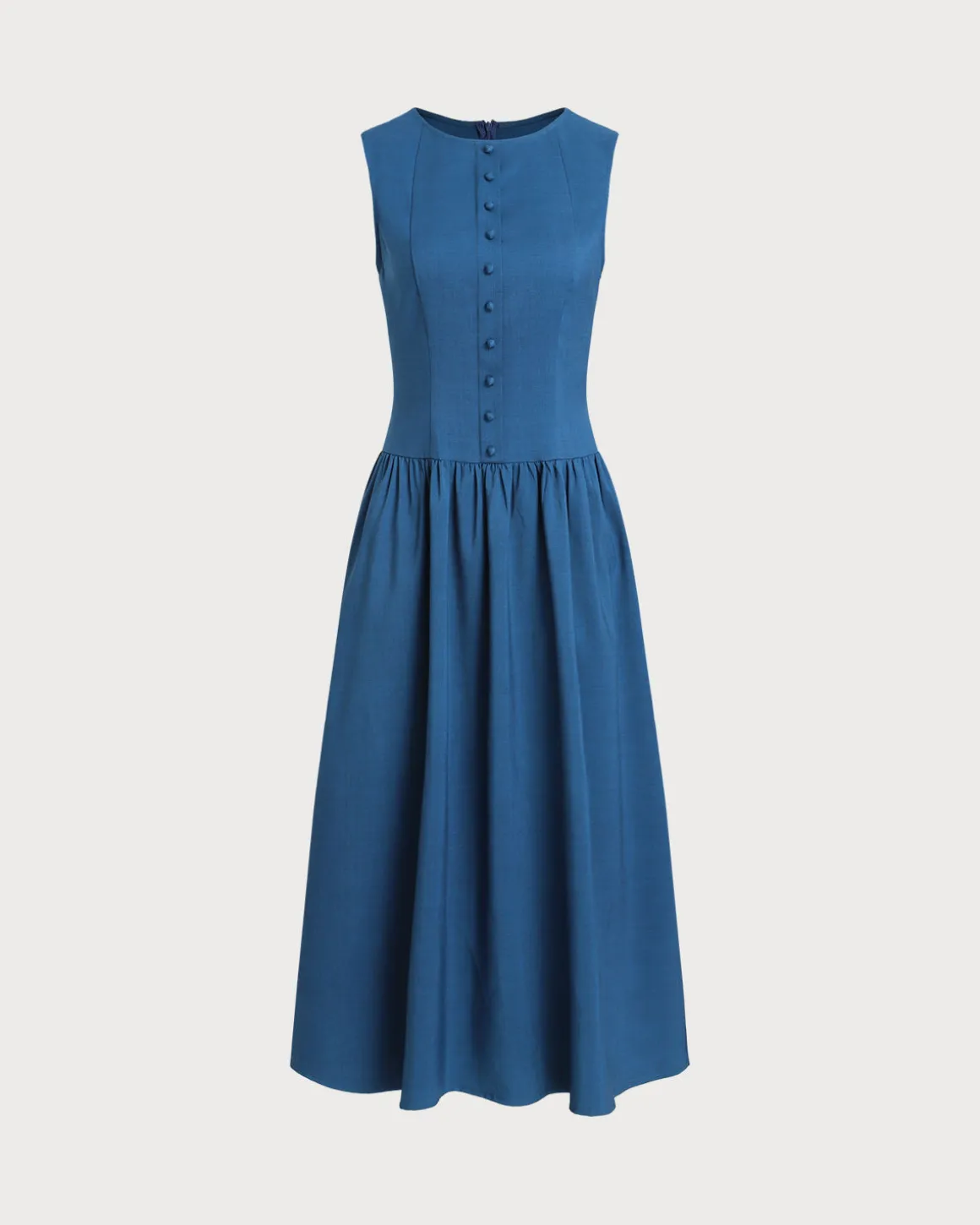 Blue Boat Neck Button Pocket Midi Dress