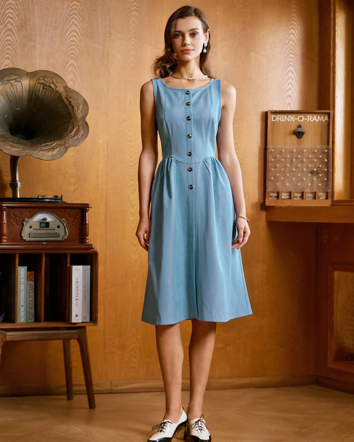 Blue Boat Neck Button Sleeveless Midi Dress