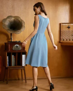 Blue Boat Neck Button Sleeveless Midi Dress