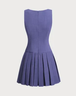Blue Boat Neck Button Sleeveless Mini Dress
