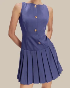 Blue Boat Neck Button Sleeveless Mini Dress